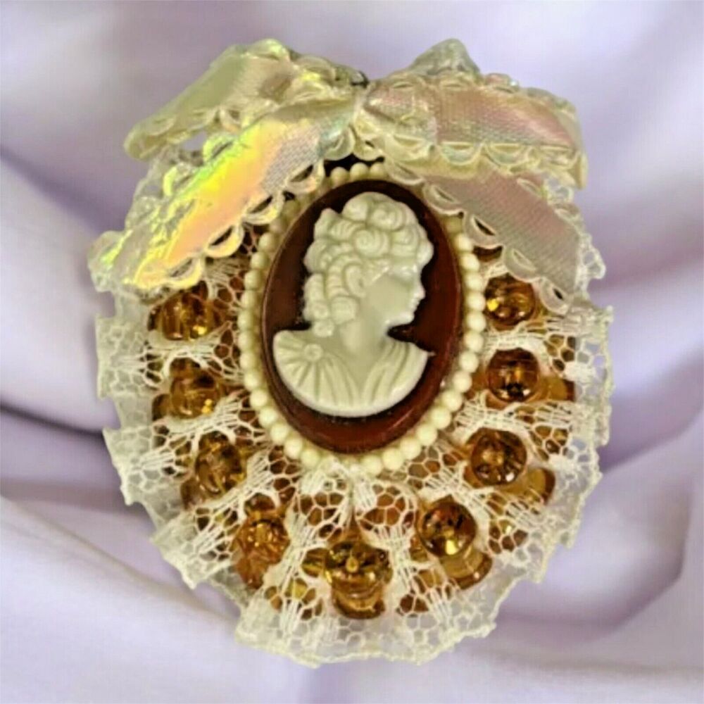 Vintage Faux Cameo Victorian Lace Bow Beaded Oval Large Hand made Brooch